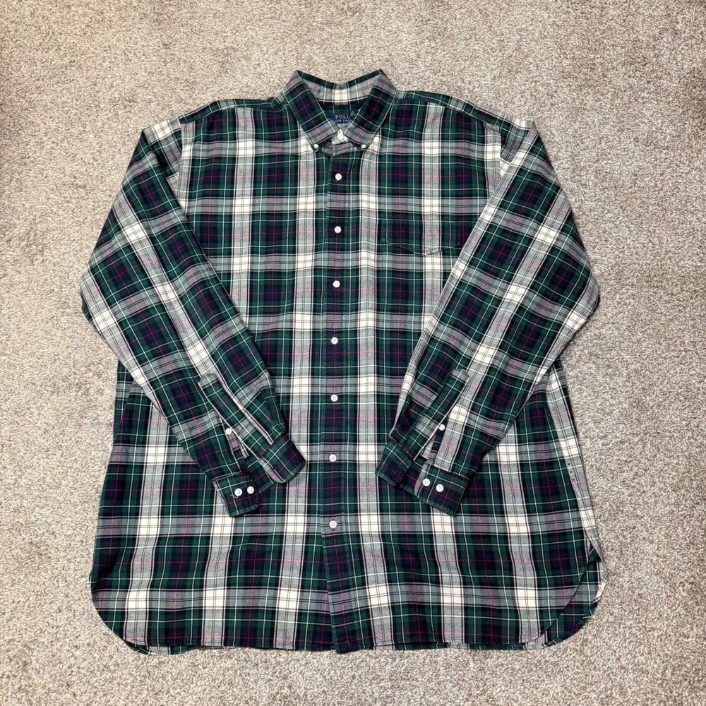 Polo Ralph Lauren Plaid Button Down Shirt Mens 2XLT Green Navy Blue Long Sleeve